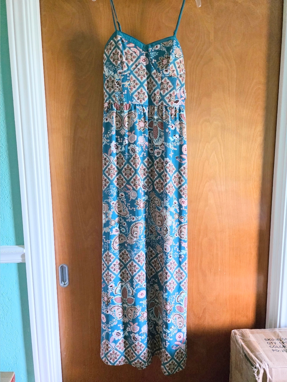 Xhilaration Blue Paisley Print Maxi Dress with Spaghetti Straps